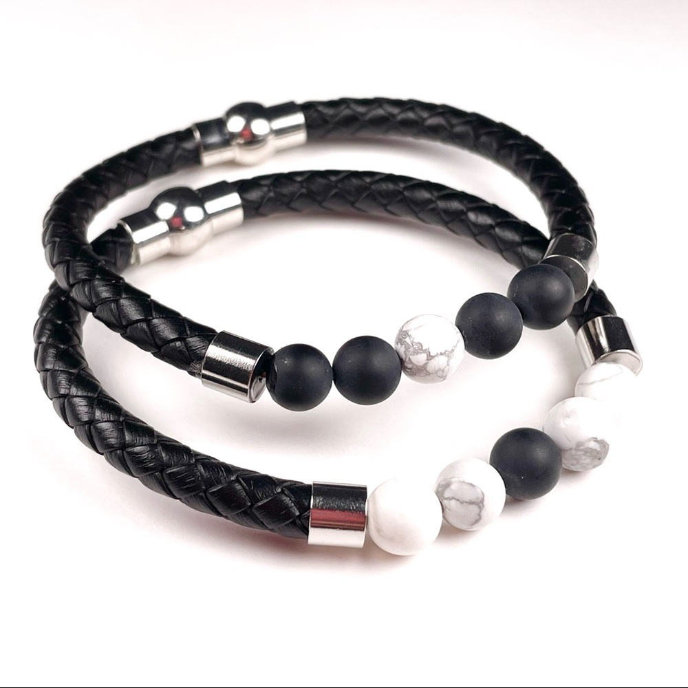 Natural stone couples leather cord bracelets with howlite and black agate